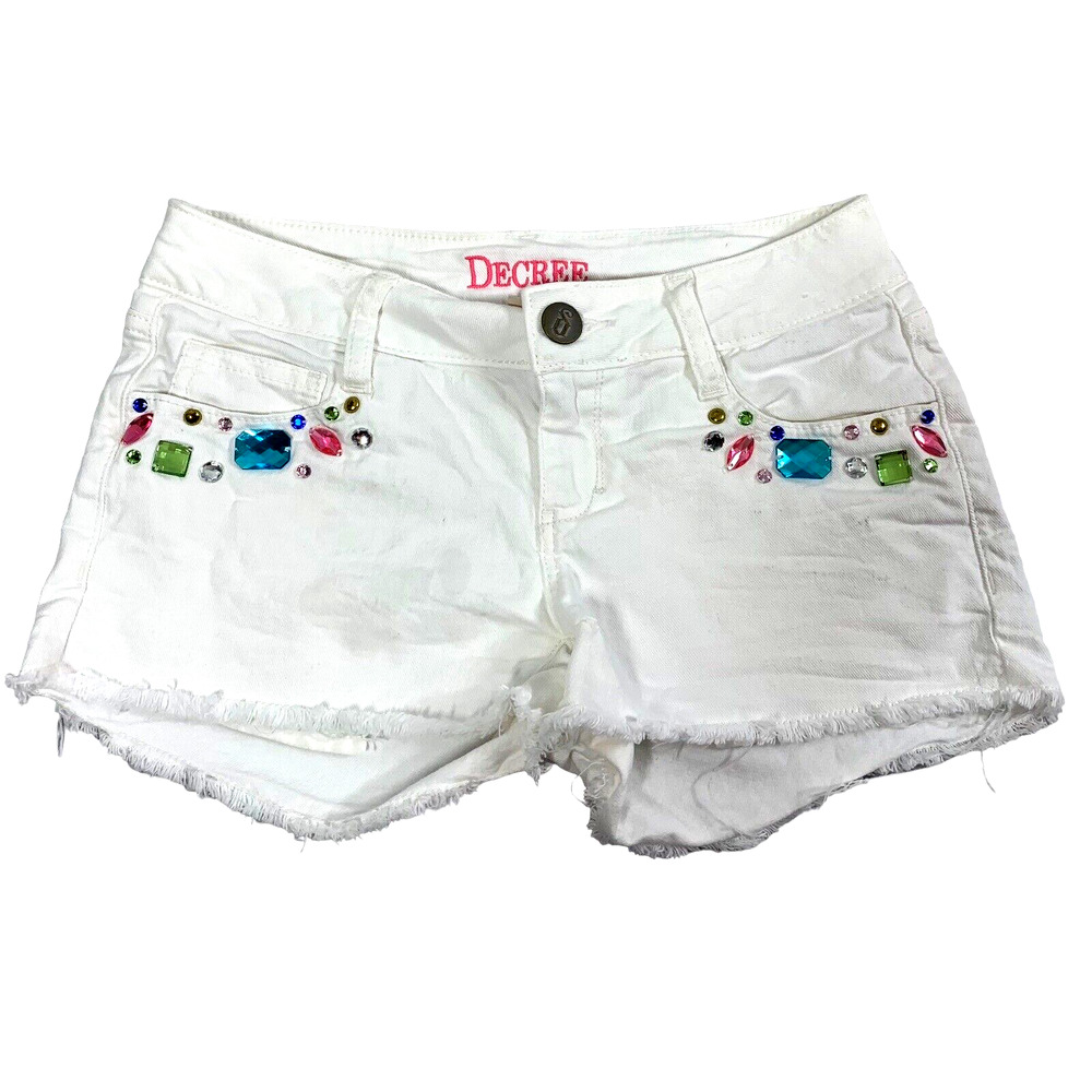 Decree White Denim Cutoff Shorts Junior Size 1 Beaded Stones Y2K Raw Hem Booty